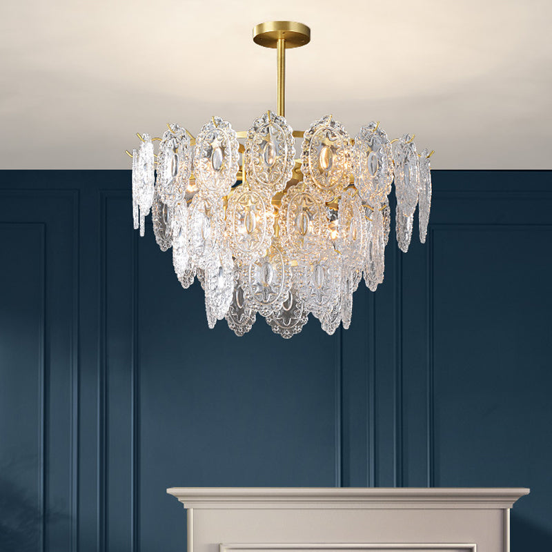 2/3/4-Tiered Scalloped Glass Chandelier Modern 6/12/16 Bulbs Dining Room Suspension Pendant Light in Gold Gold 3 Tiers Clearhalo 'Ceiling Lights' 'Chandeliers' 'Modern Chandeliers' 'Modern' Lighting' 2015852
