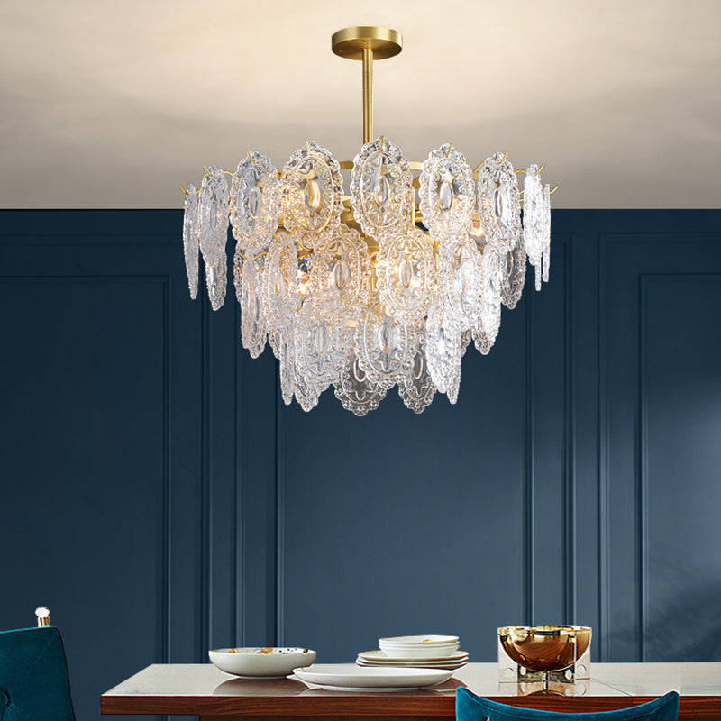 2/3/4-Tiered Scalloped Glass Chandelier Modern 6/12/16 Bulbs Dining Room Suspension Pendant Light in Gold Clearhalo 'Ceiling Lights' 'Chandeliers' 'Modern Chandeliers' 'Modern' Lighting' 2015853