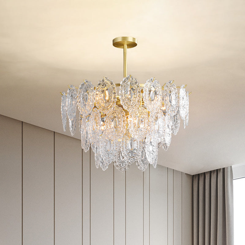 2/3/4-Tiered Scalloped Glass Chandelier Modern 6/12/16 Bulbs Dining Room Suspension Pendant Light in Gold Clearhalo 'Ceiling Lights' 'Chandeliers' 'Modern Chandeliers' 'Modern' Lighting' 2015854