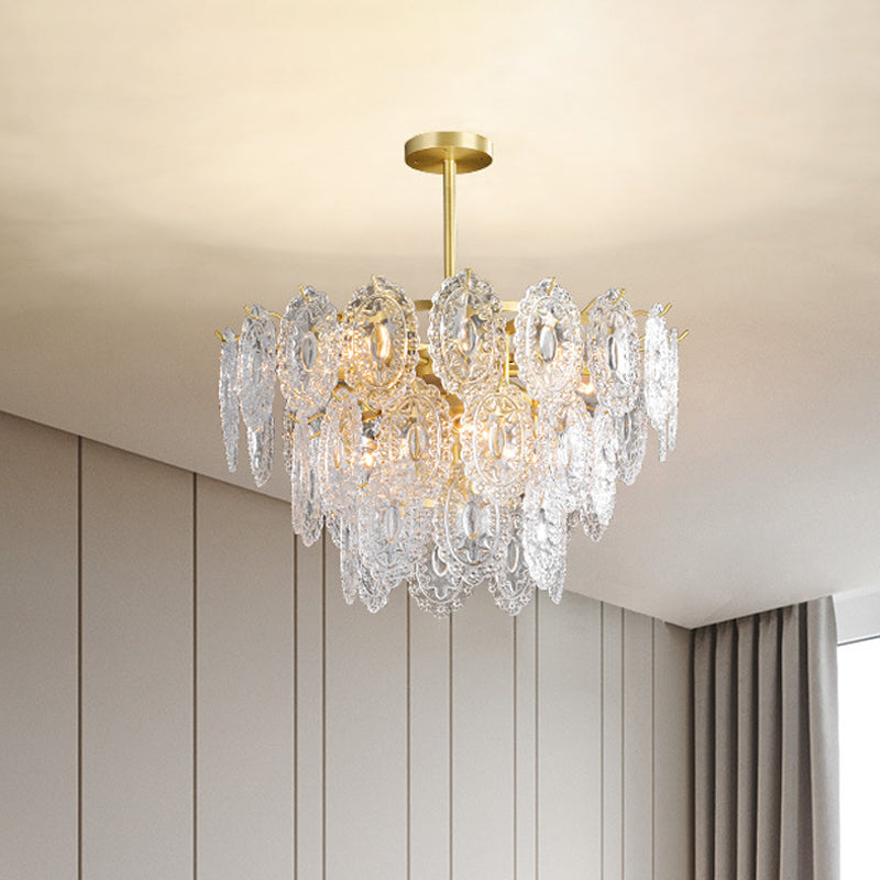 2/3/4-Tiered Scalloped Glass Chandelier Modern 6/12/16 Bulbs Dining Room Suspension Pendant Light in Gold Clearhalo 'Ceiling Lights' 'Chandeliers' 'Modern Chandeliers' 'Modern' Lighting' 2015854