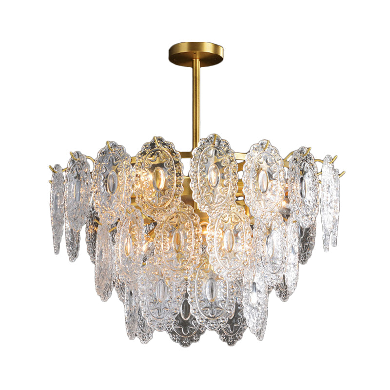 2/3/4-Tiered Scalloped Glass Chandelier Modern 6/12/16 Bulbs Dining Room Suspension Pendant Light in Gold Clearhalo 'Ceiling Lights' 'Chandeliers' 'Modern Chandeliers' 'Modern' Lighting' 2015855