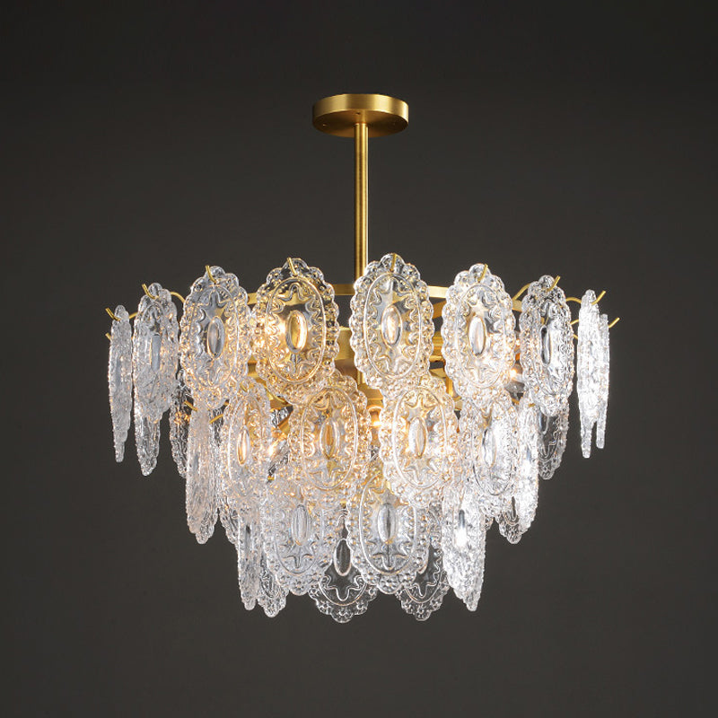 2/3/4-Tiered Scalloped Glass Chandelier Modern 6/12/16 Bulbs Dining Room Suspension Pendant Light in Gold Clearhalo 'Ceiling Lights' 'Chandeliers' 'Modern Chandeliers' 'Modern' Lighting' 2015856