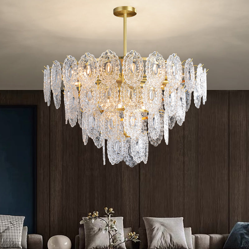 2/3/4-Tiered Scalloped Glass Chandelier Modern 6/12/16 Bulbs Dining Room Suspension Pendant Light in Gold Gold 4 Tiers Clearhalo 'Ceiling Lights' 'Chandeliers' 'Modern Chandeliers' 'Modern' Lighting' 2015858