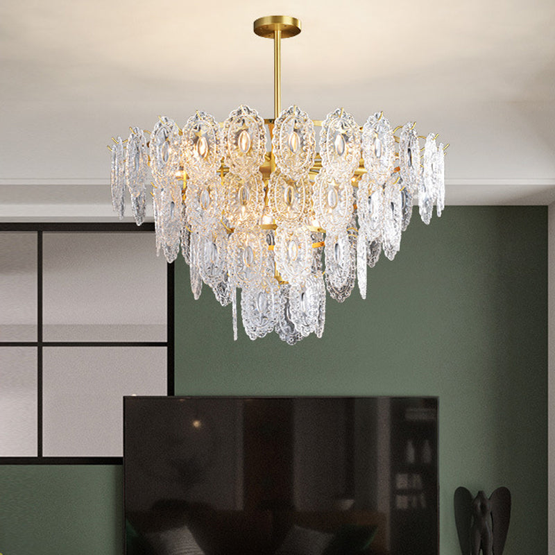 2/3/4-Tiered Scalloped Glass Chandelier Modern 6/12/16 Bulbs Dining Room Suspension Pendant Light in Gold Clearhalo 'Ceiling Lights' 'Chandeliers' 'Modern Chandeliers' 'Modern' Lighting' 2015859
