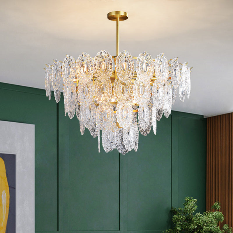 2/3/4-Tiered Scalloped Glass Chandelier Modern 6/12/16 Bulbs Dining Room Suspension Pendant Light in Gold Clearhalo 'Ceiling Lights' 'Chandeliers' 'Modern Chandeliers' 'Modern' Lighting' 2015860