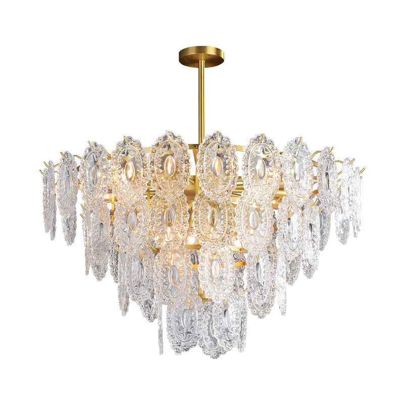 2/3/4-Tiered Scalloped Glass Chandelier Modern 6/12/16 Bulbs Dining Room Suspension Pendant Light in Gold Clearhalo 'Ceiling Lights' 'Chandeliers' 'Modern Chandeliers' 'Modern' Lighting' 2015861