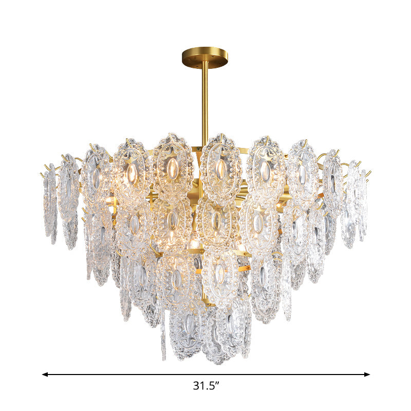 2/3/4-Tiered Scalloped Glass Chandelier Modern 6/12/16 Bulbs Dining Room Suspension Pendant Light in Gold Clearhalo 'Ceiling Lights' 'Chandeliers' 'Modern Chandeliers' 'Modern' Lighting' 2015862