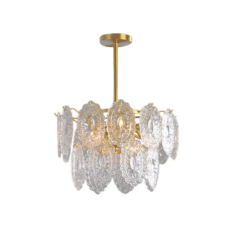 2/3/4-Tiered Scalloped Glass Chandelier Modern 6/12/16 Bulbs Dining Room Suspension Pendant Light in Gold Gold 2 Tiers Clearhalo 'Ceiling Lights' 'Chandeliers' 'Modern Chandeliers' 'Modern' Lighting' 2015863