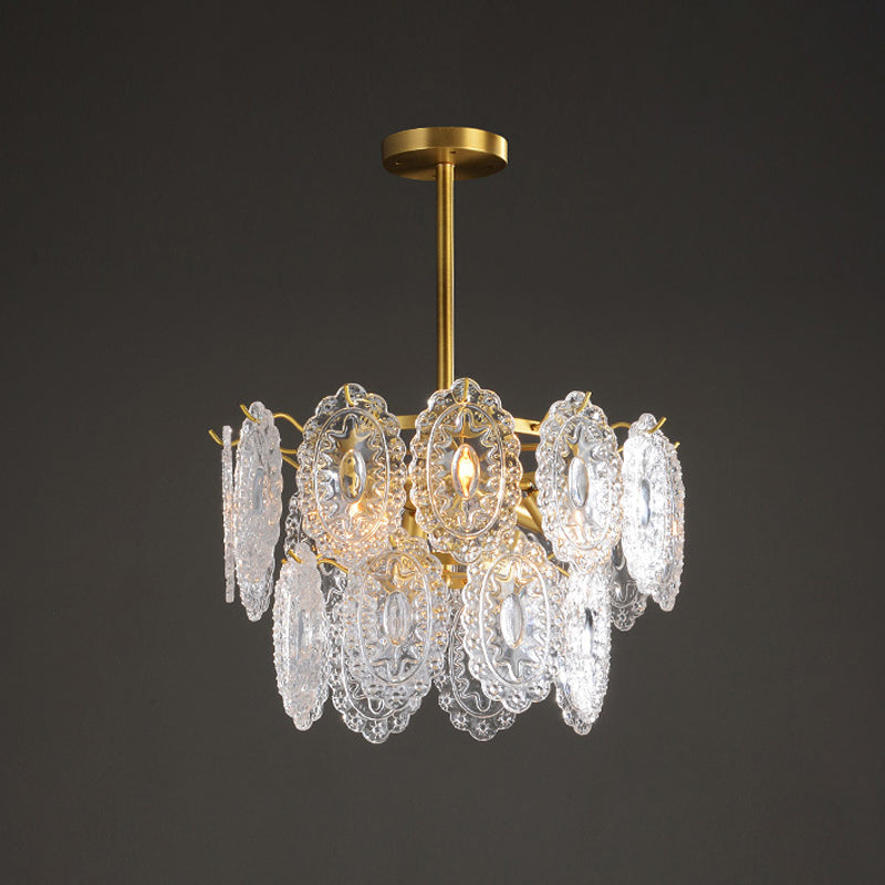 2/3/4-Tiered Scalloped Glass Chandelier Modern 6/12/16 Bulbs Dining Room Suspension Pendant Light in Gold Clearhalo 'Ceiling Lights' 'Chandeliers' 'Modern Chandeliers' 'Modern' Lighting' 2015864