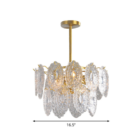 2/3/4-Tiered Scalloped Glass Chandelier Modern 6/12/16 Bulbs Dining Room Suspension Pendant Light in Gold Clearhalo 'Ceiling Lights' 'Chandeliers' 'Modern Chandeliers' 'Modern' Lighting' 2015866