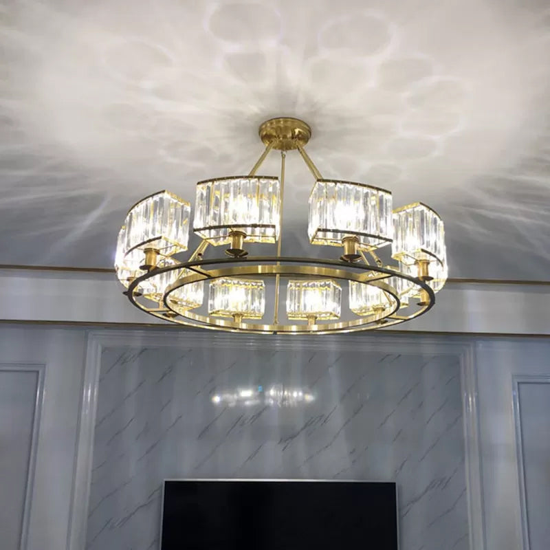Gold Circle Chandelier Pendant Light Modern Faceted Clear Crystal Prism 6/8/10-Bulb Dining Room Hanging Lamp 10 Gold B Clearhalo 'Ceiling Lights' 'Chandeliers' 'Modern Chandeliers' 'Modern' Lighting' 2015884