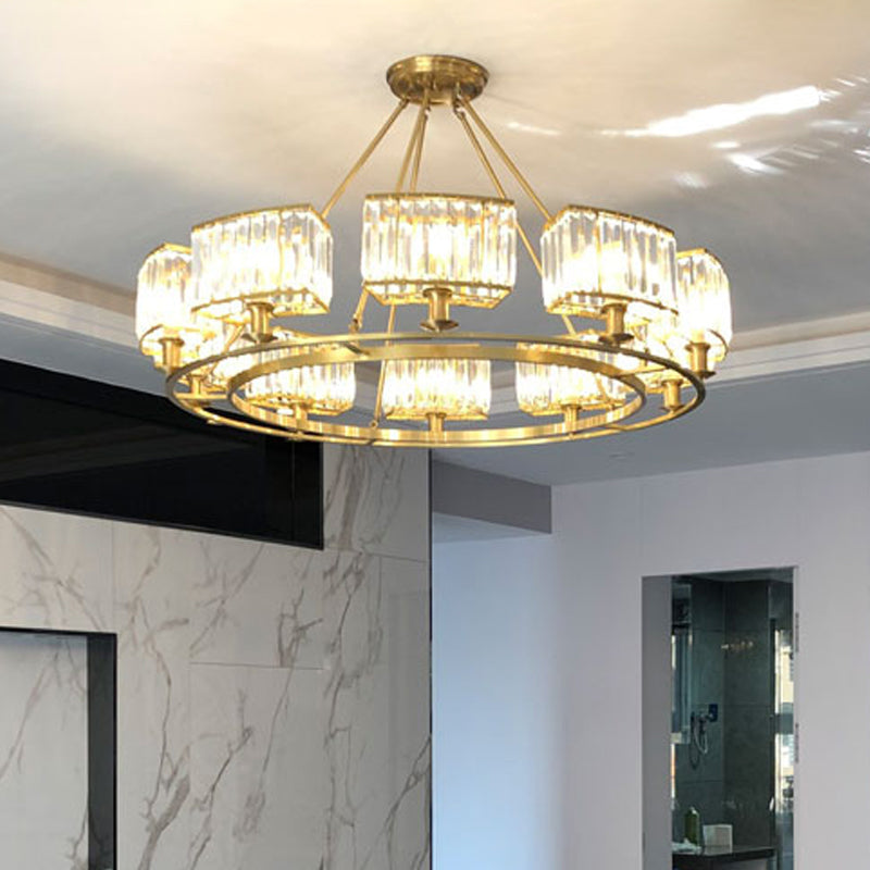 Gold Circle Chandelier Pendant Light Modern Faceted Clear Crystal Prism 6/8/10-Bulb Dining Room Hanging Lamp Clearhalo 'Ceiling Lights' 'Chandeliers' 'Modern Chandeliers' 'Modern' Lighting' 2015885