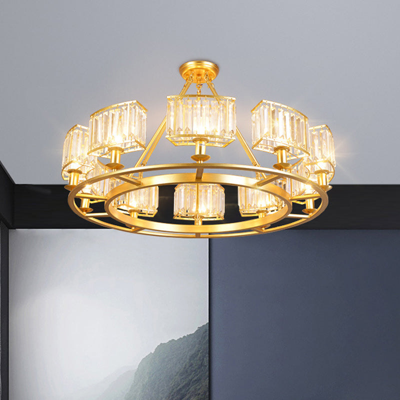 Gold Circle Chandelier Pendant Light Modern Faceted Clear Crystal Prism 6/8/10-Bulb Dining Room Hanging Lamp Clearhalo 'Ceiling Lights' 'Chandeliers' 'Modern Chandeliers' 'Modern' Lighting' 2015886