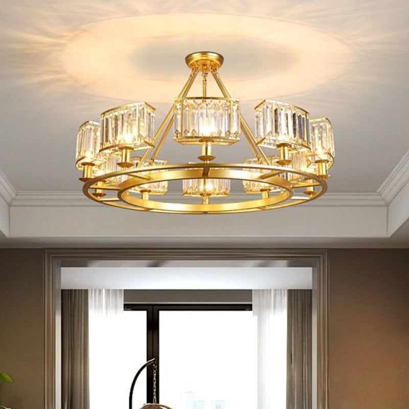 Gold Circle Chandelier Pendant Light Modern Faceted Clear Crystal Prism 6/8/10-Bulb Dining Room Hanging Lamp Clearhalo 'Ceiling Lights' 'Chandeliers' 'Modern Chandeliers' 'Modern' Lighting' 2015887