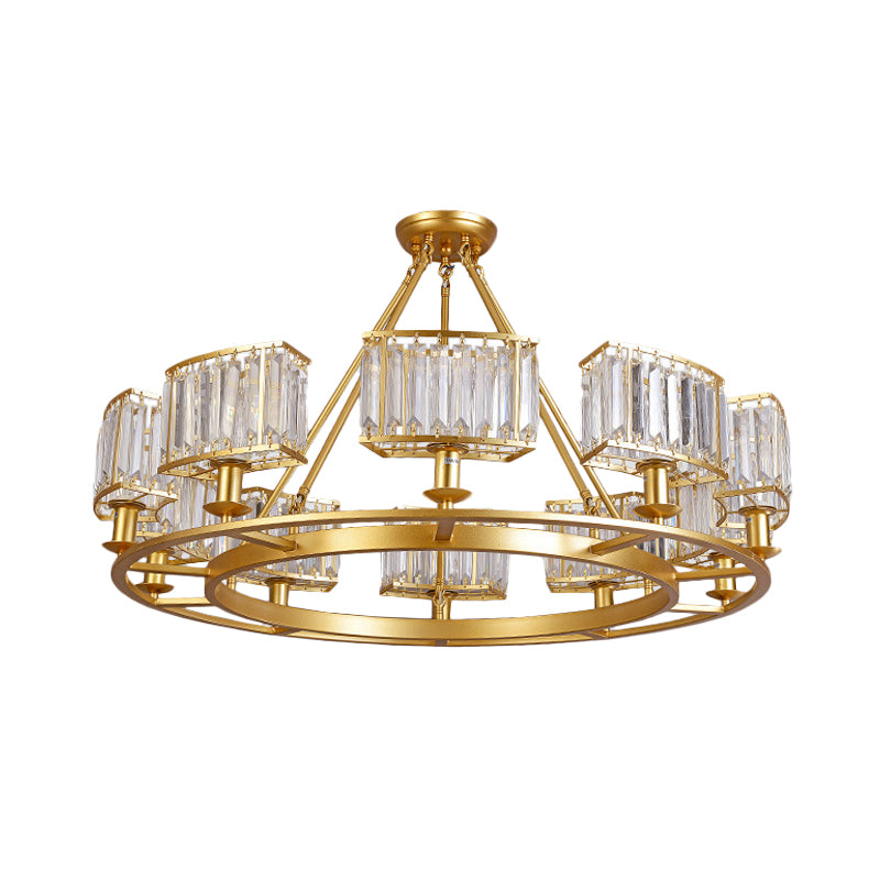 Gold Circle Chandelier Pendant Light Modern Faceted Clear Crystal Prism 6/8/10-Bulb Dining Room Hanging Lamp Clearhalo 'Ceiling Lights' 'Chandeliers' 'Modern Chandeliers' 'Modern' Lighting' 2015888