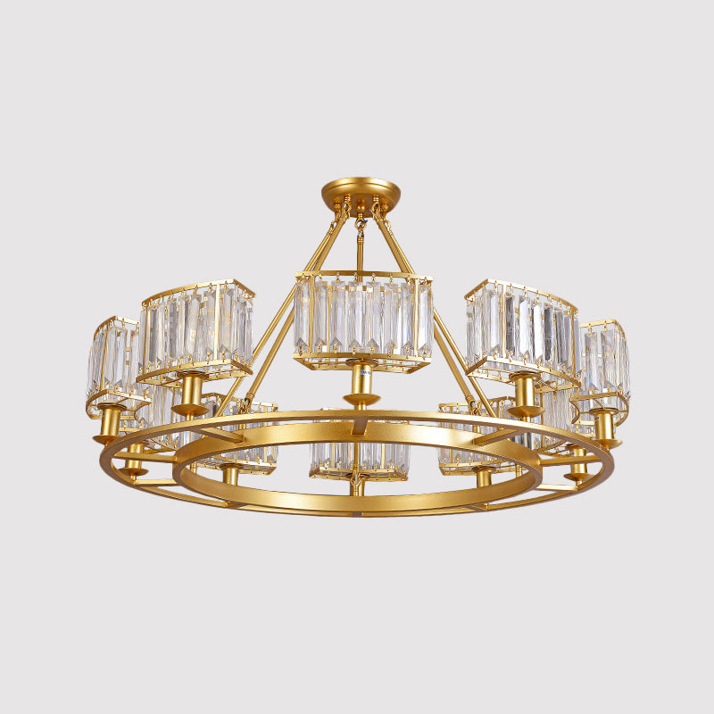 Gold Circle Chandelier Pendant Light Modern Faceted Clear Crystal Prism 6/8/10-Bulb Dining Room Hanging Lamp Clearhalo 'Ceiling Lights' 'Chandeliers' 'Modern Chandeliers' 'Modern' Lighting' 2015889
