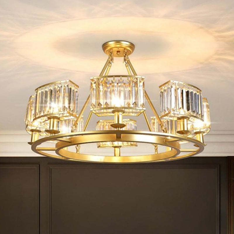 Gold Circle Chandelier Pendant Light Modern Faceted Clear Crystal Prism 6/8/10-Bulb Dining Room Hanging Lamp 8 Gold B Clearhalo 'Ceiling Lights' 'Chandeliers' 'Modern Chandeliers' 'Modern' Lighting' 2015891