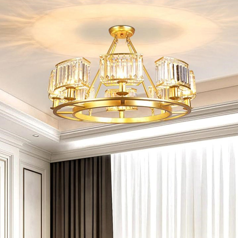 Gold Circle Chandelier Pendant Light Modern Faceted Clear Crystal Prism 6/8/10-Bulb Dining Room Hanging Lamp Clearhalo 'Ceiling Lights' 'Chandeliers' 'Modern Chandeliers' 'Modern' Lighting' 2015892