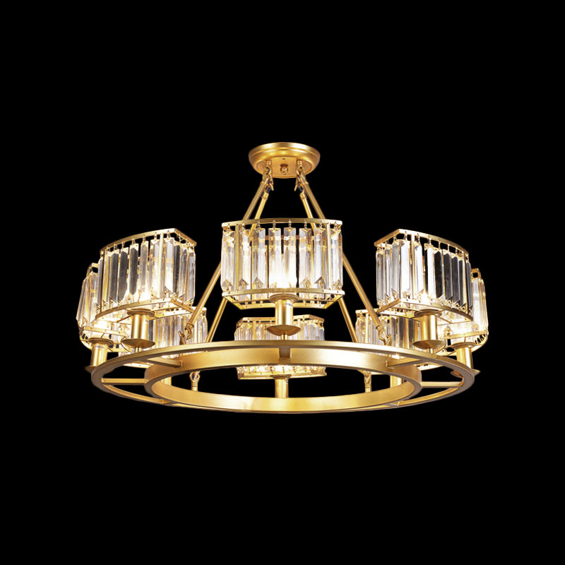 Gold Circle Chandelier Pendant Light Modern Faceted Clear Crystal Prism 6/8/10-Bulb Dining Room Hanging Lamp Clearhalo 'Ceiling Lights' 'Chandeliers' 'Modern Chandeliers' 'Modern' Lighting' 2015894