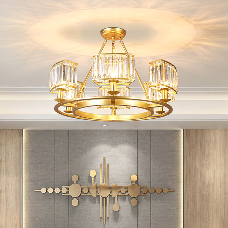 Gold Circle Chandelier Pendant Light Modern Faceted Clear Crystal Prism 6/8/10-Bulb Dining Room Hanging Lamp 6 Gold B Clearhalo 'Ceiling Lights' 'Chandeliers' 'Modern Chandeliers' 'Modern' Lighting' 2015896