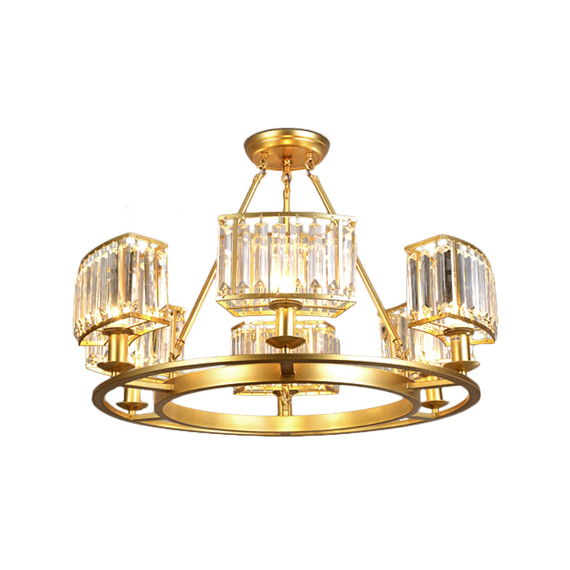 Gold Circle Chandelier Pendant Light Modern Faceted Clear Crystal Prism 6/8/10-Bulb Dining Room Hanging Lamp Clearhalo 'Ceiling Lights' 'Chandeliers' 'Modern Chandeliers' 'Modern' Lighting' 2015897