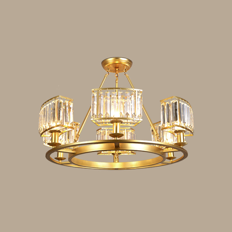 Gold Circle Chandelier Pendant Light Modern Faceted Clear Crystal Prism 6/8/10-Bulb Dining Room Hanging Lamp Clearhalo 'Ceiling Lights' 'Chandeliers' 'Modern Chandeliers' 'Modern' Lighting' 2015898