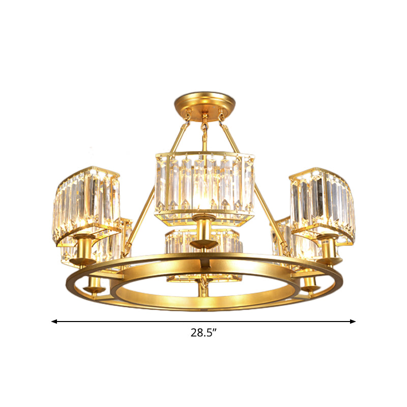 Gold Circle Chandelier Pendant Light Modern Faceted Clear Crystal Prism 6/8/10-Bulb Dining Room Hanging Lamp Clearhalo 'Ceiling Lights' 'Chandeliers' 'Modern Chandeliers' 'Modern' Lighting' 2015899