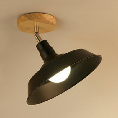 1 Head Semi Flush Mount Lighting Industrial Globe/Barn Shade Metallic Rotatable Ceiling Light with Wooden Canopy in Black Black Barn Clearhalo 'Ceiling Lights' 'Close To Ceiling Lights' 'Close to ceiling' 'Semi-flushmount' Lighting' 20159
