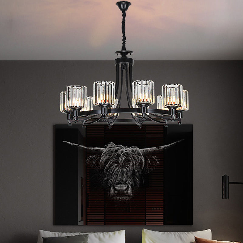 Postmodern Cylinder Chandelier 8/10-Light Prismatic Crystal Drop Lamp in Black/Gold for Living Room 10 Black Clearhalo 'Ceiling Lights' 'Chandeliers' 'Modern Chandeliers' 'Modern' Lighting' 2015924