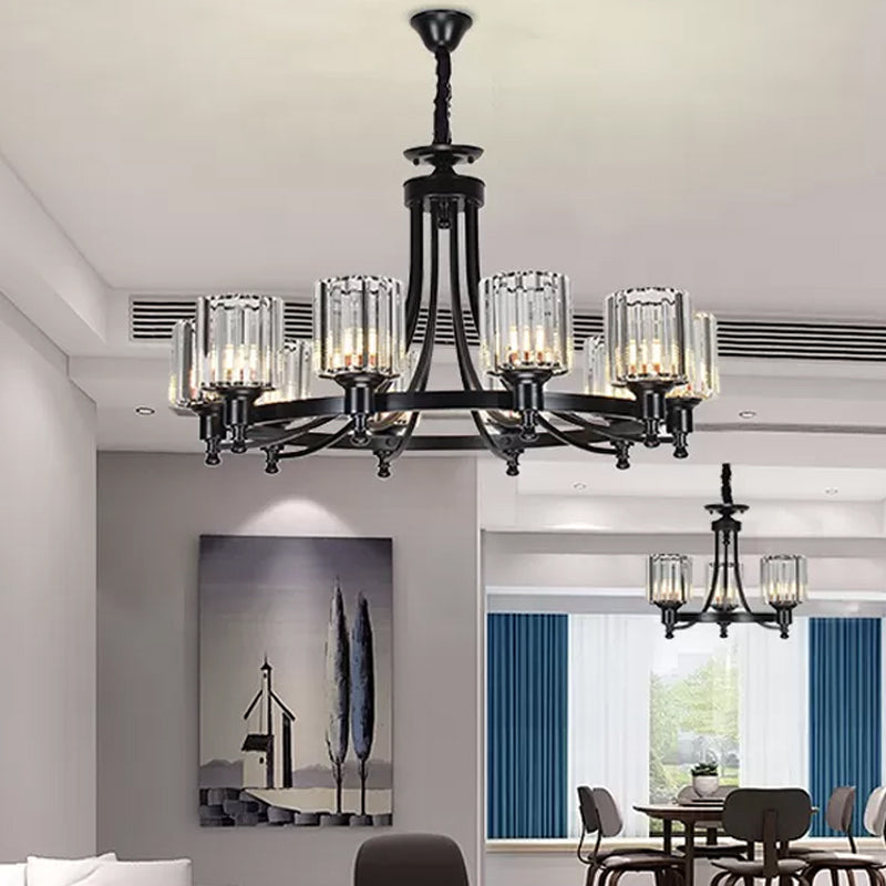 Postmodern Cylinder Chandelier 8/10-Light Prismatic Crystal Drop Lamp in Black/Gold for Living Room Clearhalo 'Ceiling Lights' 'Chandeliers' 'Modern Chandeliers' 'Modern' Lighting' 2015925