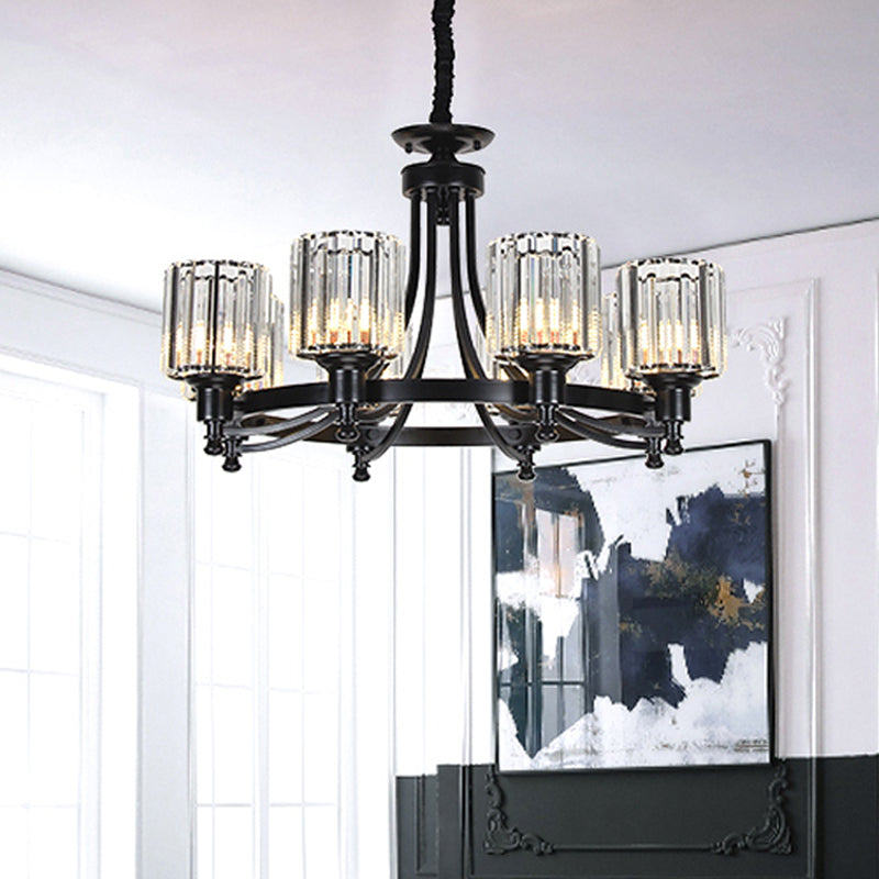Postmodern Cylinder Chandelier 8/10-Light Prismatic Crystal Drop Lamp in Black/Gold for Living Room 8 Black Clearhalo 'Ceiling Lights' 'Chandeliers' 'Modern Chandeliers' 'Modern' Lighting' 2015927