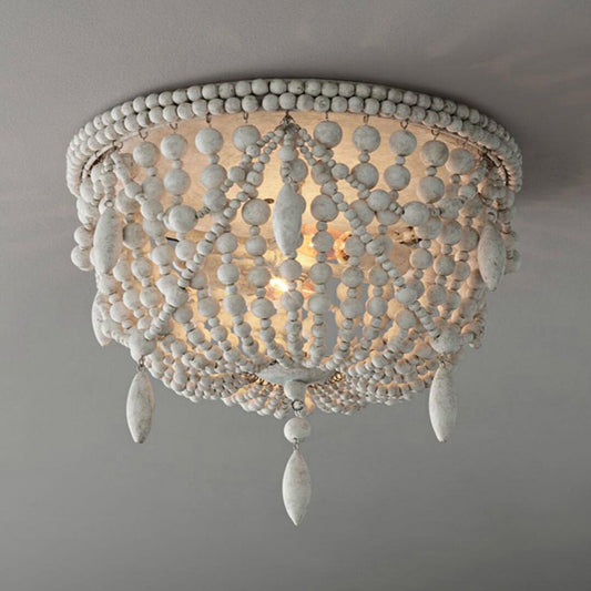 Retro Beaded Flush Mount Light 6 Heads Wood Close to Ceiling Lamp in Distressed White Distressed White