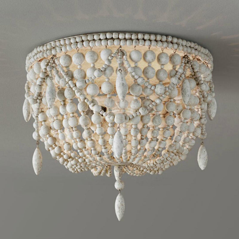 Retro Beaded Flush Mount Light 6 Heads Wood Close to Ceiling Lamp in Distressed White Clearhalo 'Ceiling Lights' 'Close To Ceiling Lights' 'Close to ceiling' 'Flush mount' Lighting' 2015934
