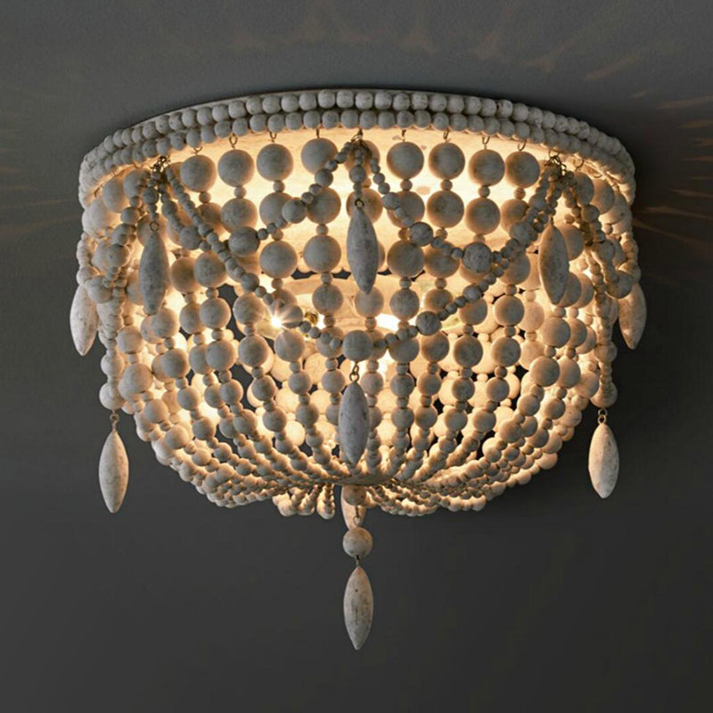 Retro Beaded Flush Mount Light 6 Heads Wood Close to Ceiling Lamp in Distressed White Clearhalo 'Ceiling Lights' 'Close To Ceiling Lights' 'Close to ceiling' 'Flush mount' Lighting' 2015935
