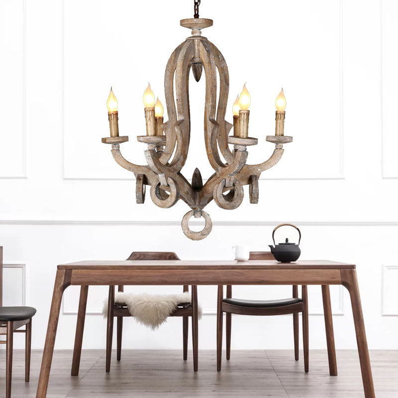 Distressed Wood Ceiling Chandelier Curved Frame Cottage Pendant Lighting Fixture for Living Room Clearhalo 'Ceiling Lights' 'Chandeliers' Lighting' options 2015947
