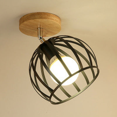 1 Head Semi Flush Mount Lighting Industrial Globe/Barn Shade Metallic Rotatable Ceiling Light with Wooden Canopy in Black Black Round Clearhalo 'Ceiling Lights' 'Close To Ceiling Lights' 'Close to ceiling' 'Semi-flushmount' Lighting' 20160