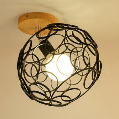 1 Head Semi Flush Mount Lighting Industrial Globe/Barn Shade Metallic Rotatable Ceiling Light with Wooden Canopy in Black Black Globe Clearhalo 'Ceiling Lights' 'Close To Ceiling Lights' 'Close to ceiling' 'Semi-flushmount' Lighting' 20161