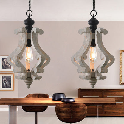 Wood Distressed White Pendant Light Scrolled Frame 1 Bulb Traditional Style Hanging Lamp Kit for Dining Room Distressed White Clearhalo 'Ceiling Lights' 'Pendant Lights' 'Pendants' Lighting' 2016147_02fc3a17-6064-4026-847c-bc9c0939cc9a