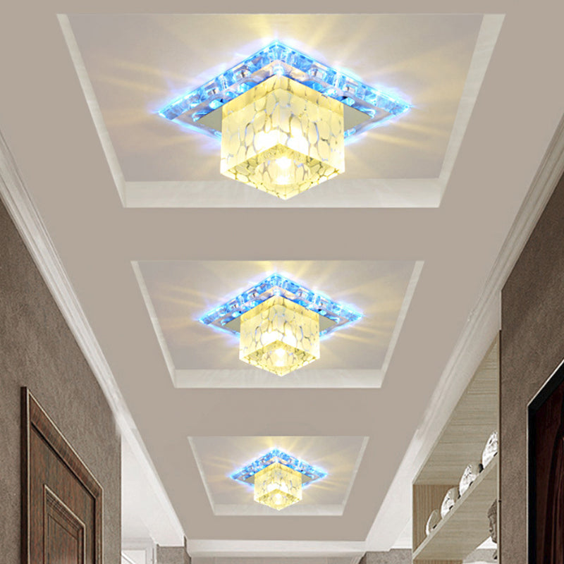 Cubic Shaped Flush Light Fixture Contemporary Crystal LED Chrome Close to Ceiling Lamp for Corridor Chrome Blue Clearhalo 'Ceiling Lights' 'Close To Ceiling Lights' 'Close to ceiling' 'Flush mount' Lighting' 2016236