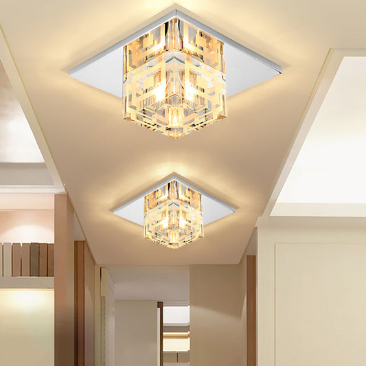 Faceted Crystal Square Flush Ceiling Light Simple LED Flush Mount Lamp in Chrome for Hallway Chrome Clearhalo 'Ceiling Lights' 'Close To Ceiling Lights' 'Close to ceiling' 'Flush mount' Lighting' 2016240