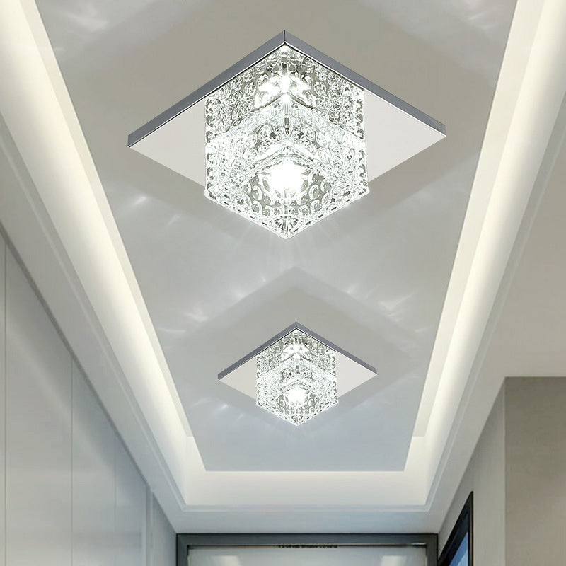 Cubic Corridor Flush Light Fixture Faceted Crystal LED Modern Close to Ceiling Lamp in Chrome Chrome White Clearhalo 'Ceiling Lights' 'Close To Ceiling Lights' 'Close to ceiling' 'Flush mount' Lighting' 2016246