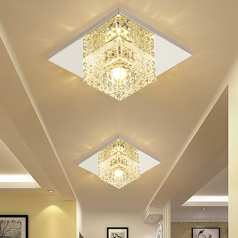 Cubic Corridor Flush Light Fixture Faceted Crystal LED Modern Close to Ceiling Lamp in Chrome Chrome Warm Clearhalo 'Ceiling Lights' 'Close To Ceiling Lights' 'Close to ceiling' 'Flush mount' Lighting' 2016247