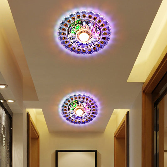 Simple Flower Flushmount Clear Crystal LED Corridor Close to Ceiling Light with Peacock Tail Edge Clearhalo 'Ceiling Lights' 'Close To Ceiling Lights' 'Close to ceiling' 'Flush mount' Lighting' 2016288