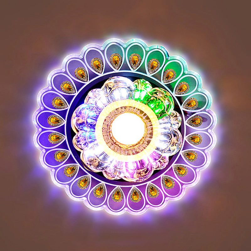 Simple Flower Flushmount Clear Crystal LED Corridor Close to Ceiling Light with Peacock Tail Edge Clearhalo 'Ceiling Lights' 'Close To Ceiling Lights' 'Close to ceiling' 'Flush mount' Lighting' 2016290