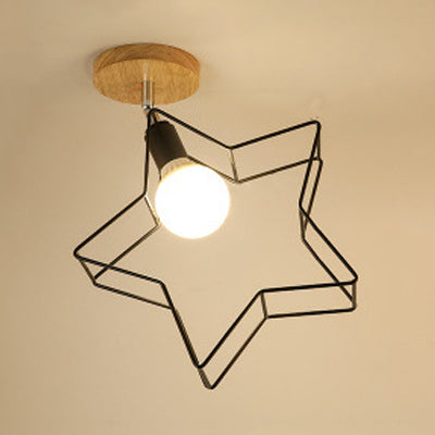 1 Head Semi Flush Mount Lighting Industrial Globe/Barn Shade Metallic Rotatable Ceiling Light with Wooden Canopy in Black Black Star Clearhalo 'Ceiling Lights' 'Close To Ceiling Lights' 'Close to ceiling' 'Semi-flushmount' Lighting' 20163