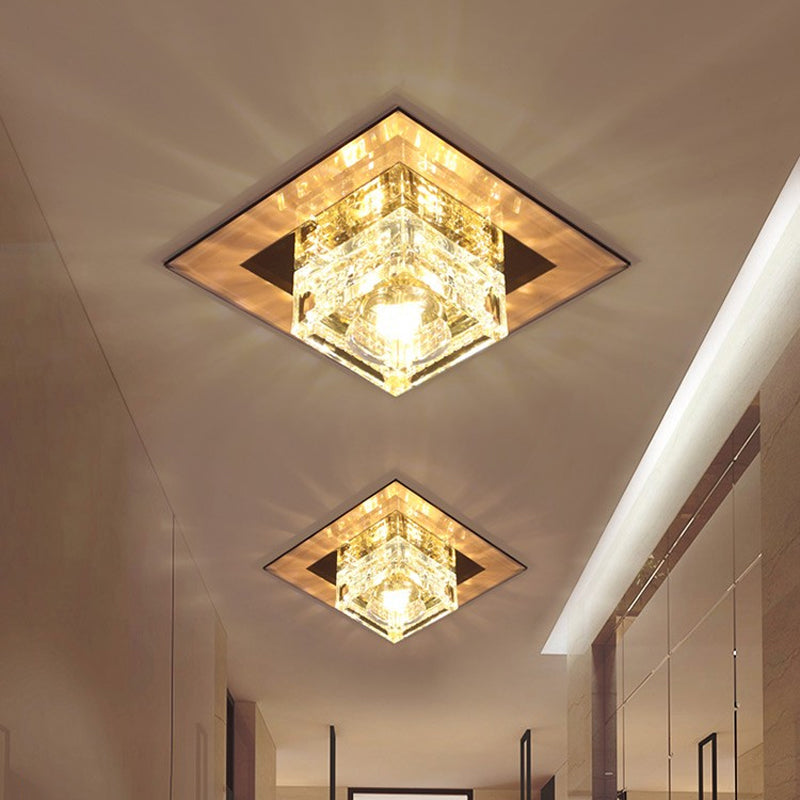 LED Corridor Flush Mount Lamp Simple Close to Ceiling Light with Cubic Beveled Crystal Shade Tan Clearhalo 'Ceiling Lights' 'Close To Ceiling Lights' 'Close to ceiling' 'Flush mount' Lighting' 2016512