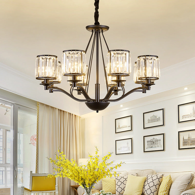 Drum Clear Crystal Pendant Lamp Country Living Room Chandelier Light Fixture in Black 8 Black Clearhalo 'Ceiling Lights' 'Chandeliers' Lighting' options 2017200_424ad14b-b946-4f67-a386-81817b432a62