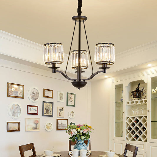Drum Clear Crystal Pendant Lamp Country Living Room Chandelier Light Fixture in Black 3 Black