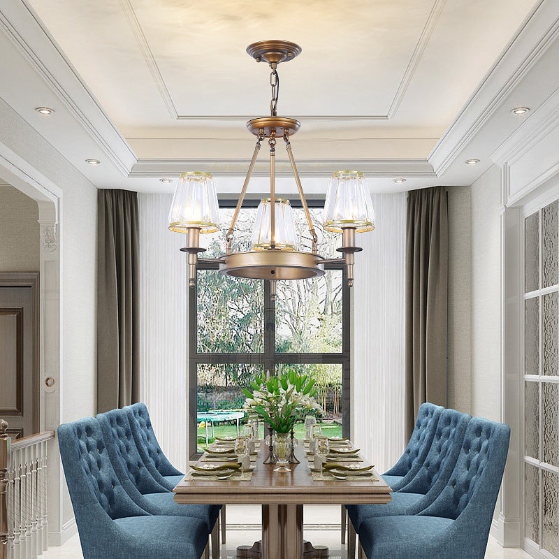 Faceted Crystal Hanging Lamp Kit Classic Conic Living Room Chandelier Lighting with Metal Ring Design 3 Brass Clearhalo 'Ceiling Lights' 'Chandeliers' Lighting' options 2017240_ba2f7428-7787-4b28-9952-da4c4e016cad