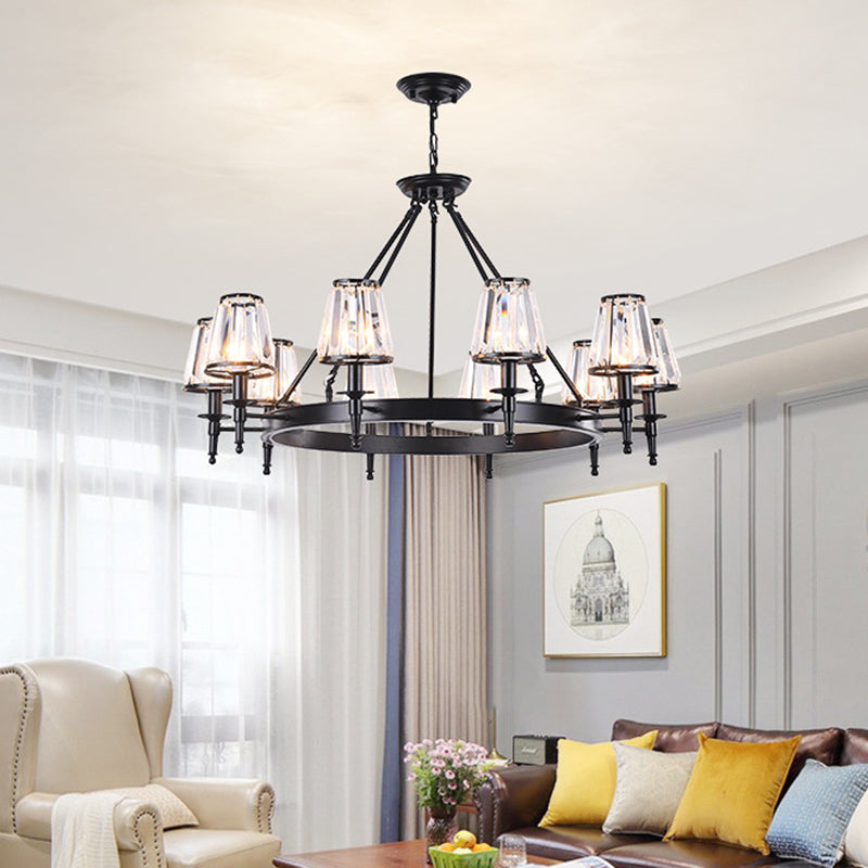 Faceted Crystal Hanging Lamp Kit Classic Conic Living Room Chandelier Lighting with Metal Ring Design 10 Black Clearhalo 'Ceiling Lights' 'Chandeliers' Lighting' options 2017252_98f4740a-549a-4fe6-ae6c-b0be9057c7a7